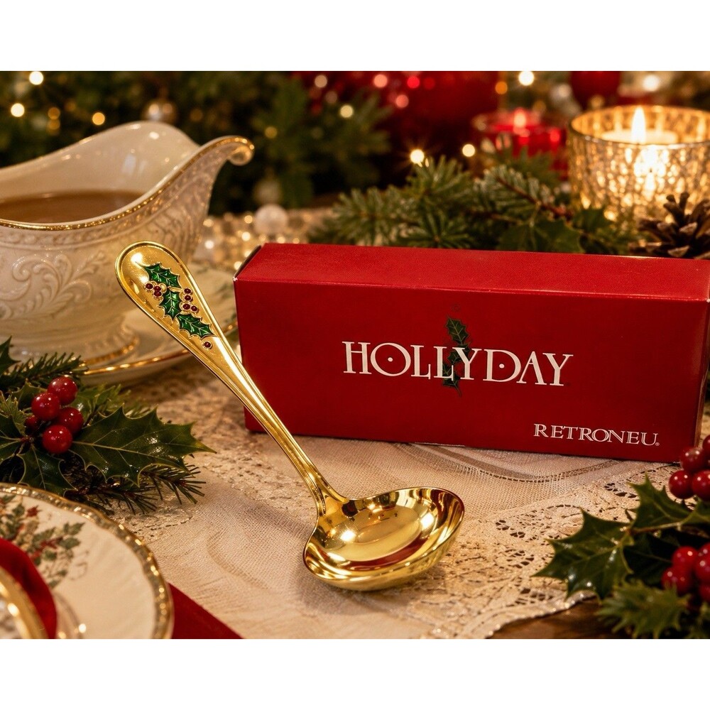 Retroneu Hollyday Gold Plated Holly Berry Christmas Gravy Ladle w/ Box Holiday